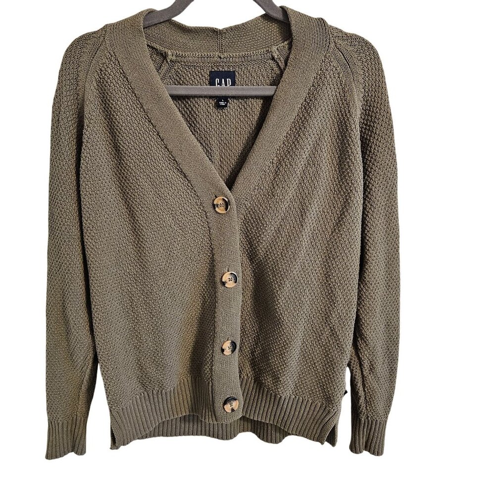 Gap Woman Size L  100% Cotton Cardigan V Neck Textured Classic Preppy Side Vents